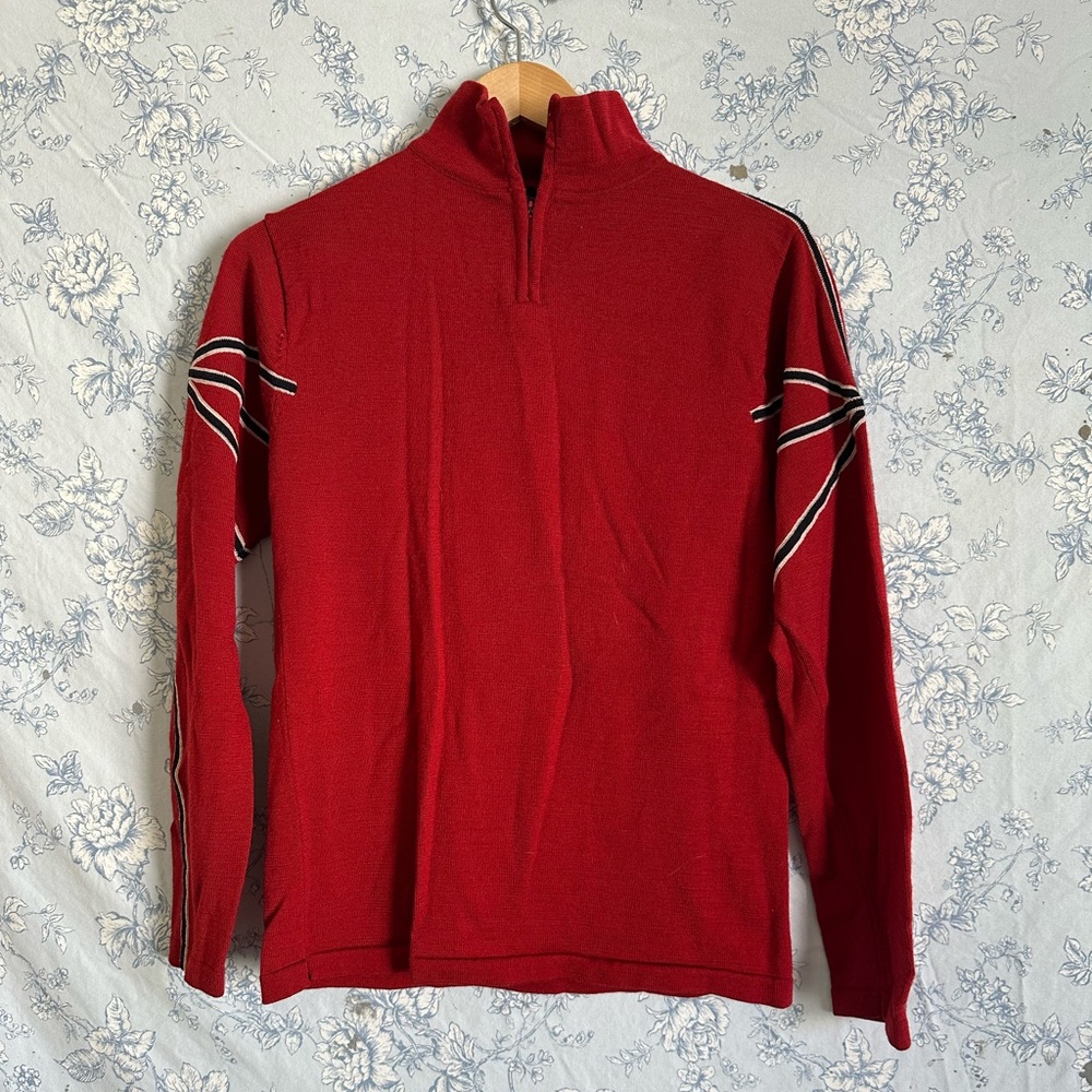 French Connection Red Zip Up Sweater with Geometric Sleeve Design
